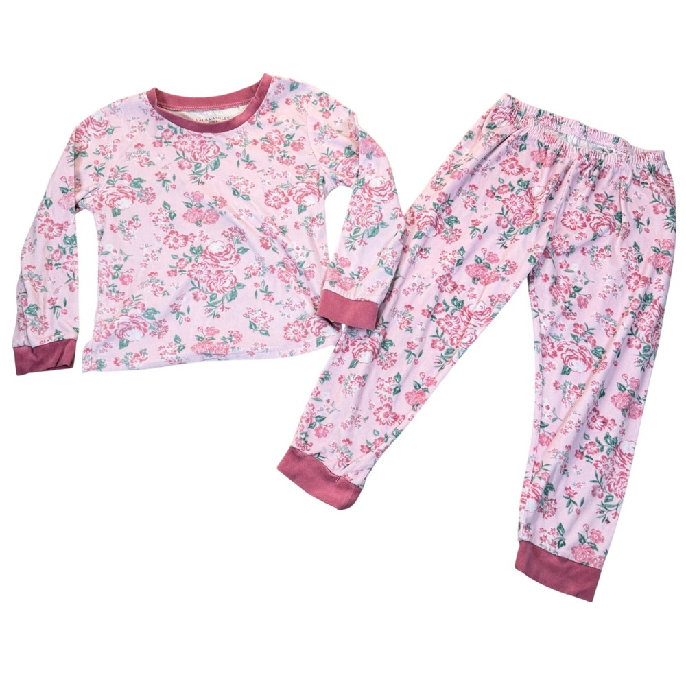 Laura Ashley‎ Girls Pajama Set Size 5 Pink Floral Fleece Long Sleeve Pants